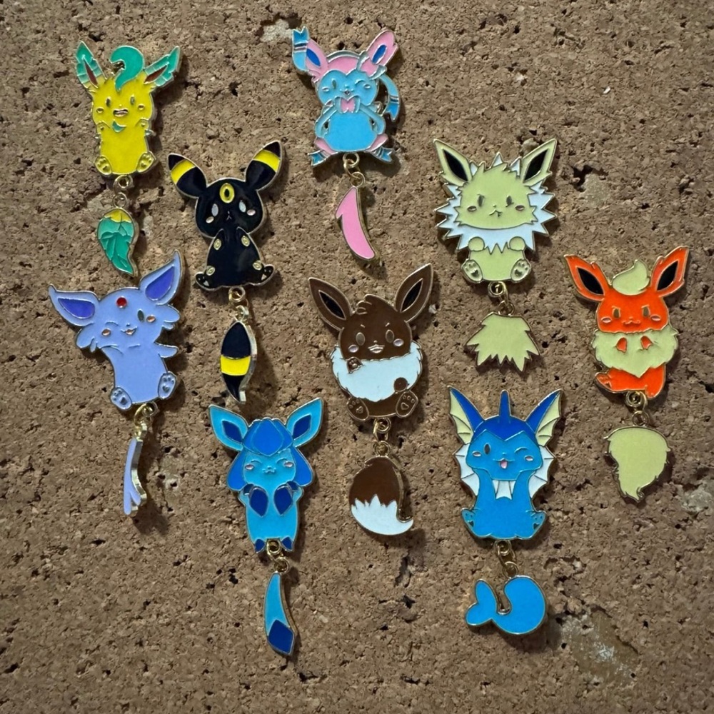 Pokemon Eevee Eeveelution Enameled Pin Brooch Hanging Moving Tail- Set of 9